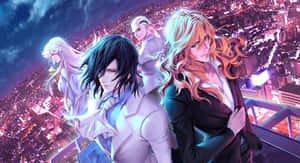 Manhwa Characters Overlooking City Night Wallpaper