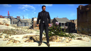 Manin Black Suit Standingin Desolate Landscape Wallpaper