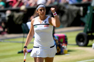 Marion Bartoli Triumphantly Fist Pumps On The Tennis Court Wallpaper