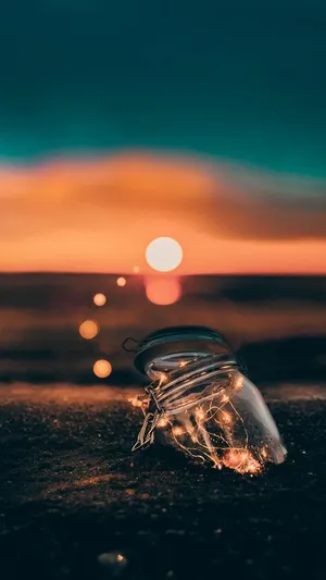 Mason Jar With Fairy Light Sunset Beach Nature Aesthetic Phone Wallpaper