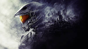 Master Chief Overlooking A Grey City Wallpaper