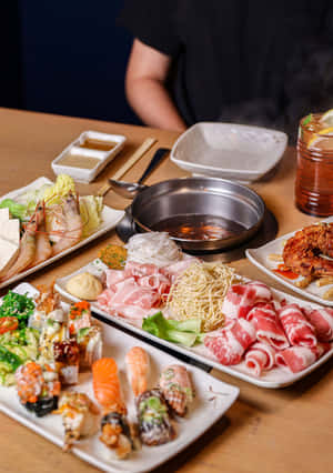 Meat And Veggies On A Tray For Shabu-shabu Wallpaper