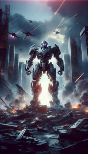 Mecha Giant Amidst Urban Destruction Wallpaper