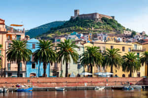 Mediterranean Town Waterfront Palm Trees Wallpaper