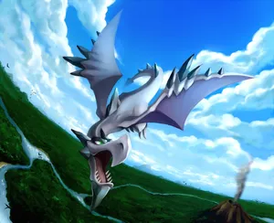 Mega Aerodactyl Flying Above Volcano Wallpaper