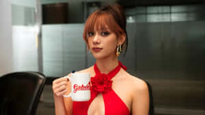 Megan Katseye Stylish Red Dress Wallpaper