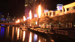 Melbourne South Wharf Nighttime Fire Show Wallpaper