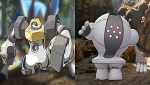 Meltan And Registeel - The Power Meets Cuteness In Pokemon Universe Wallpaper