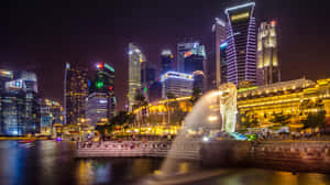 Merlion Park Singapore Night Skyline Wallpaper