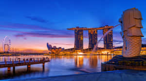 Merlion Park Singapore Skyline Dusk Wallpaper