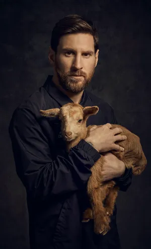 Messi Holding Goat Portrait Wallpaper