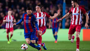 Messi In Action Dribbling Past Defenders Wallpaper