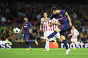 Messi In Action Dribbling Soccer Game Wallpaper