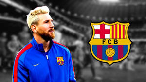 Messi Proudly Holds Up The Fc Barcelona Logo Wallpaper