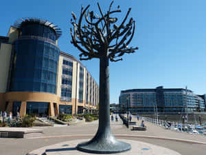Metal Tree Sculpture Urban Square Wallpaper