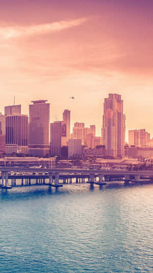 Miami City Skyline At Sunset Wallpaper