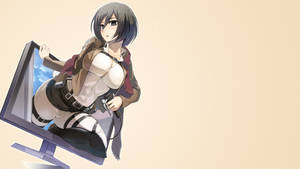 Mikasa Ackerman In Computer Screen Art Wallpaper