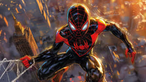 Miles Morales Spiderman Swinging Through City Wallpaper