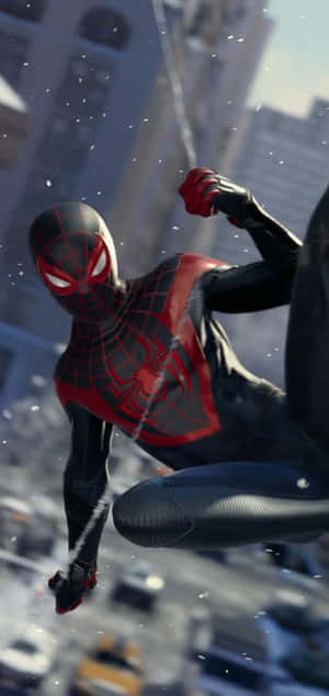 Miles Morales Staying Connected With The New Iphone. Wallpaper