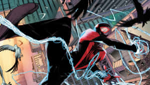 Miles Morales Swinging Through City Wallpaper