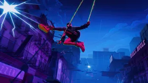 Miles Morales Swinging Through City Night Wallpaper