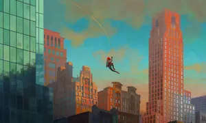 Miles Morales Swinging Through Cityscape Wallpaper