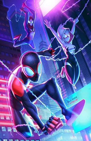 Miles Moralesand Spider Gwen Swinging Through City Wallpaper