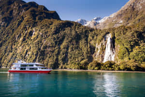 Milford Sound Ship Waterfall Rock Wallpaper