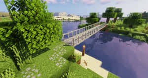 Minecraft Bridge Over Serene Waters Wallpaper