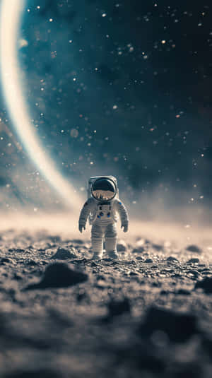 Miniature Astronaut On An Rocky Alien Terrain Under A Cosmic Glow Wallpaper