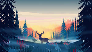 Minimalist Dawnin Forestwith Deer.jpg Wallpaper