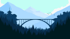 Minimalist Mountain Forest Bridge Wallpaper