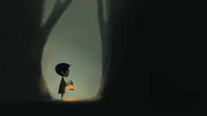 Minimalist Silhouette Of Child With Lantern In Dark Forest Wallpaper