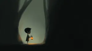 Minimalist Silhouette Of Child With Lantern In Dark Forest Wallpaper