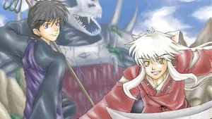 Miroku Wielding His Staff In A Powerful Stance Wallpaper