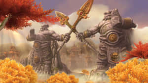 Mistsof Pandaria Statues Crossing Weapons Wallpaper