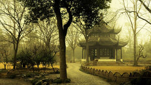 Misty Temple In Japanese Nature Wallpaper