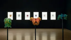 Modern Art Exhibit Glass Sculpturesand Framed Works Wallpaper