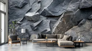 Modern Living Room With Stone Wall Mural Wallpaper