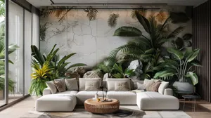 Modern Living Roomwith Tropical Mural Wallpaper