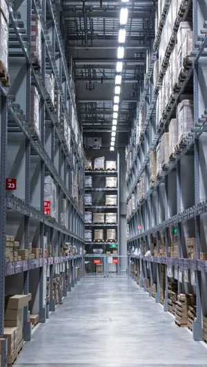 Modern Warehouse Aisle Interior Wallpaper