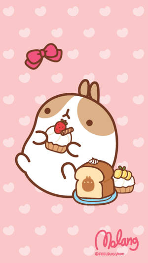 Molang Eating On Kawaii Pink Polka Dots Wallpaper