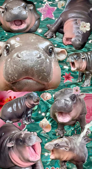 Moo Deng Baby Hippo Collage Wallpaper
