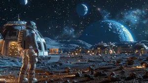 Moon Colony Astronaut Gazingat Earth Wallpaper