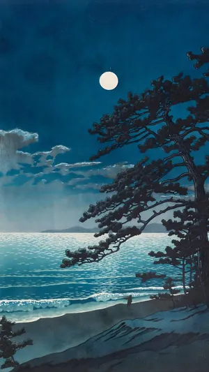 Moonlit Coastal Scene Kawase Hasui Wallpaper