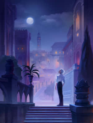 Moonlit Fantasy Cityscapewith Figure Wallpaper