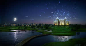 Moonlit Golf Coursewith Fireworks Wallpaper