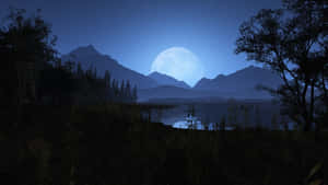 Moonlit Mountain Lake Night Scene Wallpaper