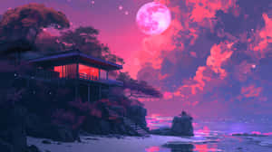 Moonlit Pink Beachside Retreat Wallpaper