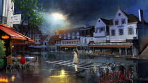 Moonlit Rainy European Town Wallpaper